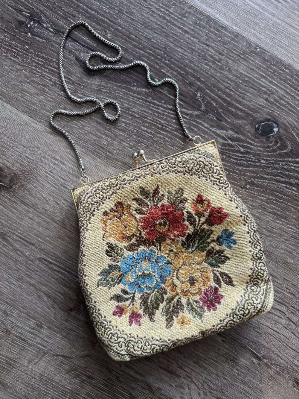 Vintage 1960s Laura Floral Tapestry Evening Bag | Satin Lining Chain Handle